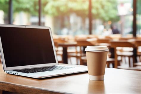 Premium AI Image | Coffee cup and laptop on wooden table in coffee shop