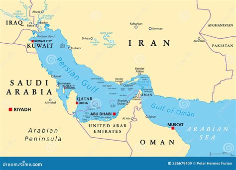 Persian Gulf Region, Strait Of Hormuz, And Gulf Of Oman, Political Map Cartoon Vector ...