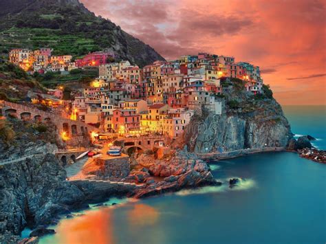 Manarola Italy Sunset Cinque Terre Stock Image - Image of coast, evening: 128891313