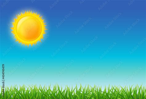 Cartoon bright sun on blue sky with green grass. vector illustration Stock Vector | Adobe Stock