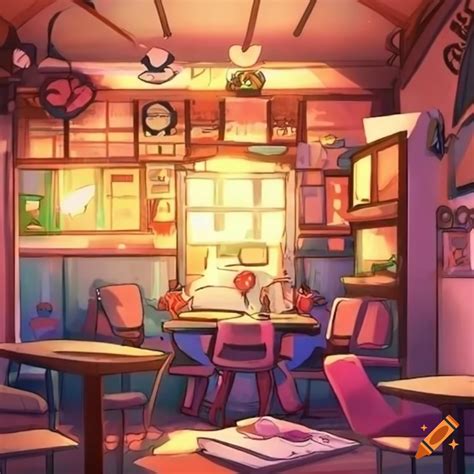 Cozy anime-themed cafe artwork on Craiyon