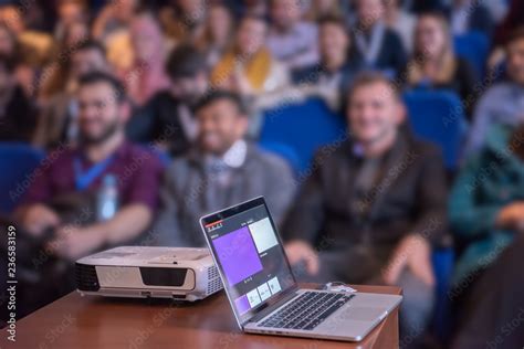 laptop computer at podium Stock Photo | Adobe Stock