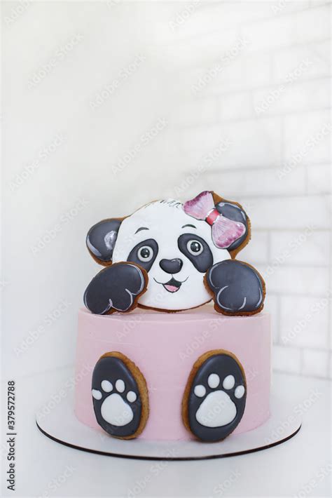 Birthday cake in the shape of a panda. Cute beautiful pink cake for a ...