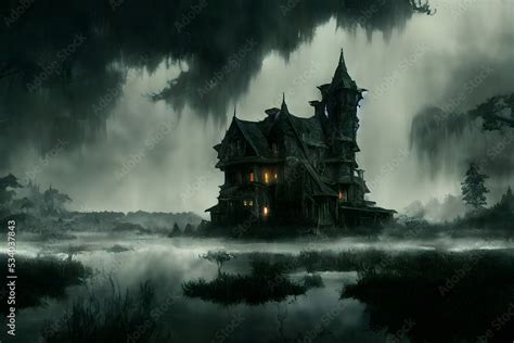 Haunted Mansion in the Middle of a Swamp Concept Art Illustration Stock ...