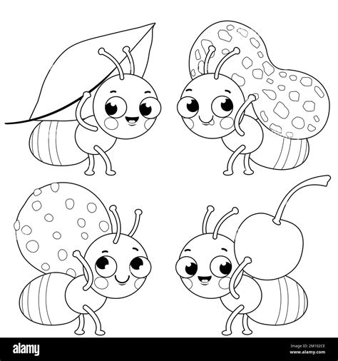 Cute ants carrying food. Black and white coloring page Stock Photo - Alamy