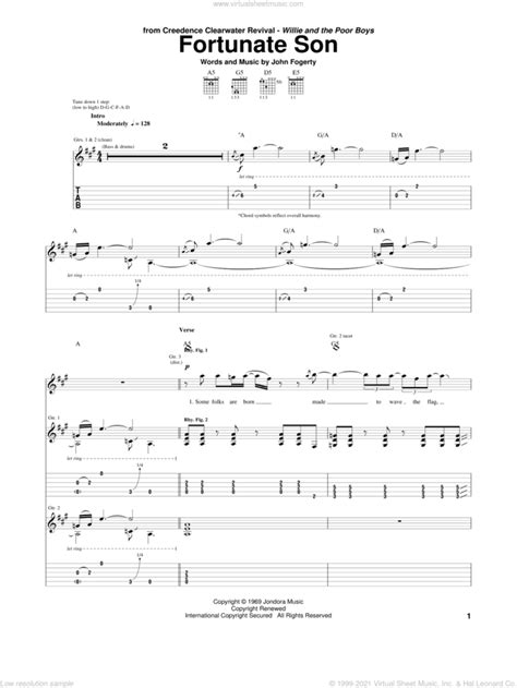 Fortunate Son sheet music for guitar (tablature) (PDF)