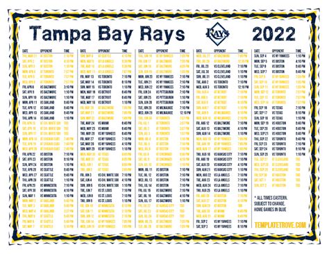 Printable 2022 Tampa Bay Rays Schedule