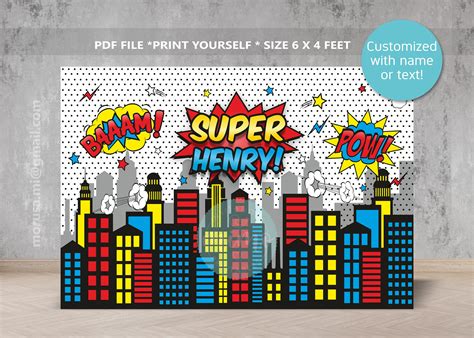 Superhero city skyline personalized with name, printable backdroun / heigh 4 x width 6 feet ...