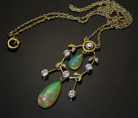 Belle Epoque Antique Opal Diamond Gold Necklace Ref: 128264 - Antique Jewelry | Vintage Rings ...