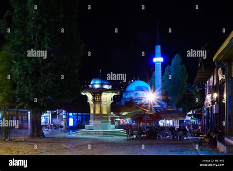 SARAJEVO, BIH - JULY 04, 2015: Night scene, with the Sebilj fountain, Havadze Duraka Mosque ...