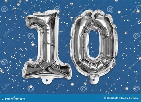 Silver Foil Balloon Number, Digit Ten on a Blue Background with Sequins ...