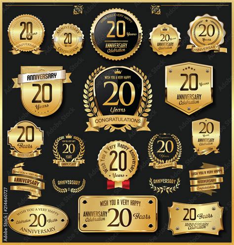 Anniversary retro vintage golden badges and labels vector 20 years Stock Vector | Adobe Stock