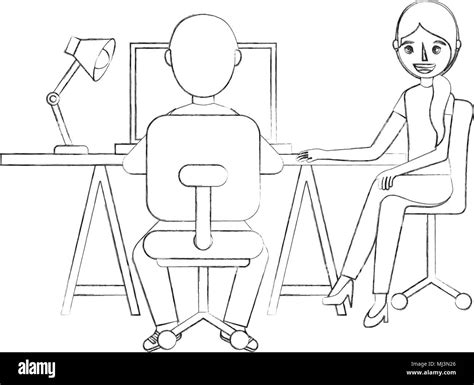 man and woman sitting at the desk and working on the computer vector illustration sketch Stock ...