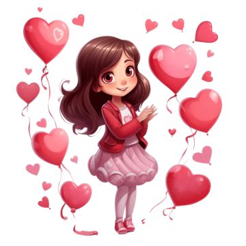 Cute Cartoon Girl With Hearts On Valentine S Day, Baby Doll, Girl Drawing, Kids Painting PNG ...