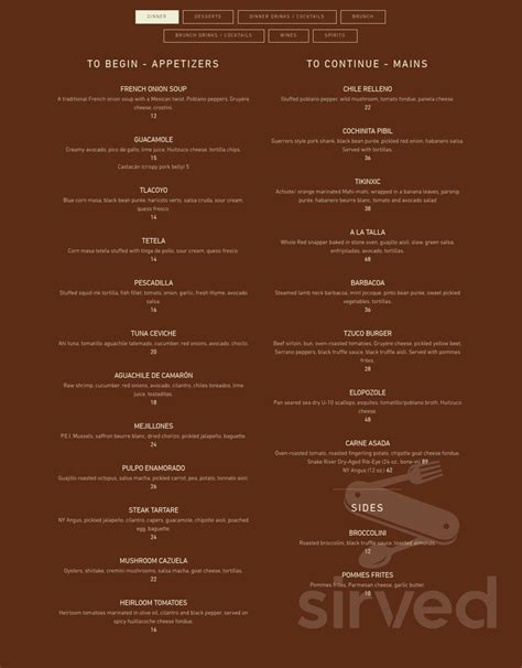 Tzuco menu in Chicago, Illinois, USA