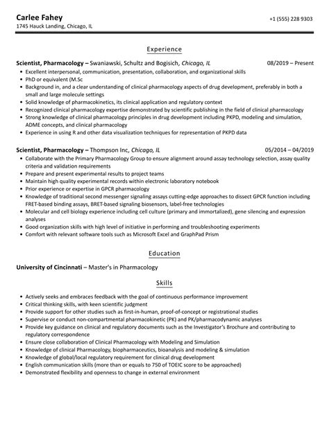 Scientist, Pharmacology Resume Samples | Velvet Jobs