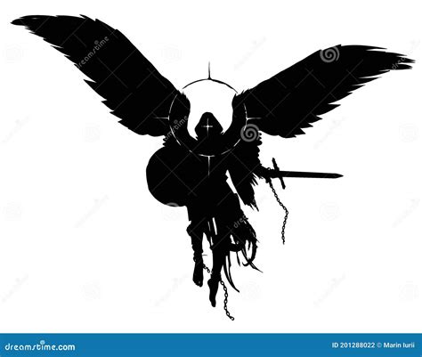 The Silhouette of a Warrior Angel with a Sword and Shield Floating in ...