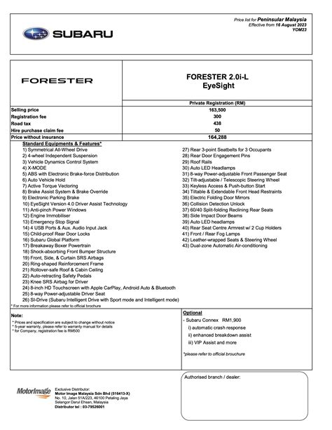 Pricesheet Forester 2.0i-L EyeSight - PM (16 Aug'23) - Paul Tan's Automotive News