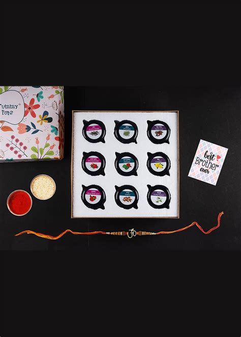 Get Rakhi Gift Box - Loads Of Happiness Kit - 9 Assorted Mukhwas Flavors + Pack Of 1 Silver ...