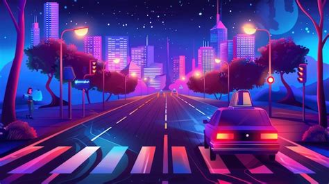 Premium Photo | Cartoon night scene with neon glowing speed cars sidewalk cross zebra on road ...