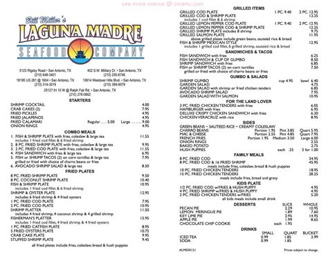 Menu at Bill Miller's Laguna Madre Seafood Company restaurant, San ...