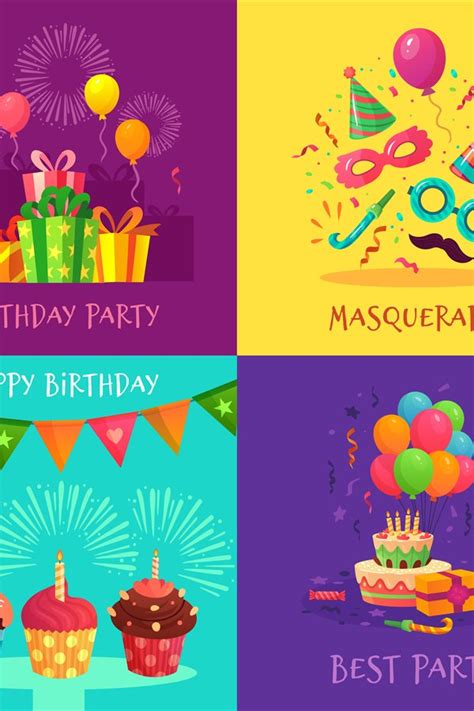 Cartoon party invitation cards. Celebration carnival masks,