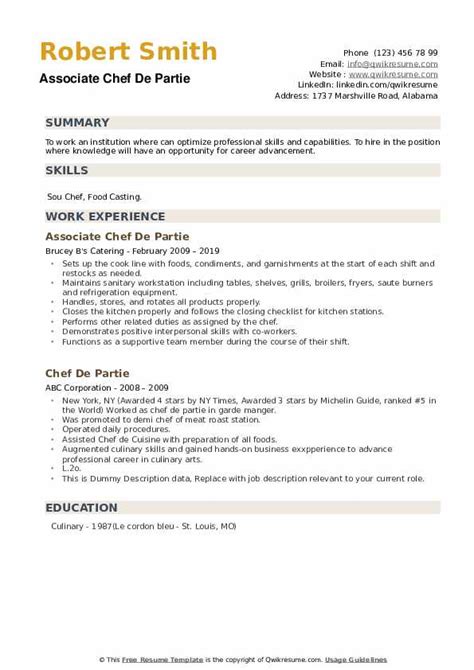 Chef De Partie Resume Samples | QwikResume