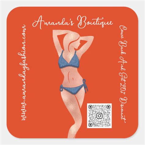 Boutique Shop Clothing Qr Code Logo Blue Bikini Square Sticker | Zazzle