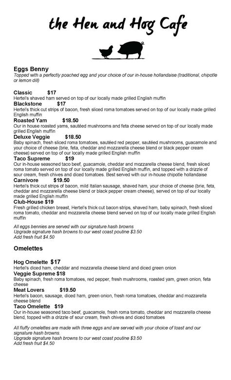 Menu at The Hen and Hog Cafe, Courtenay