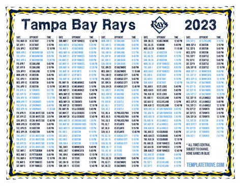 Printable 2023 Tampa Bay Rays Schedule