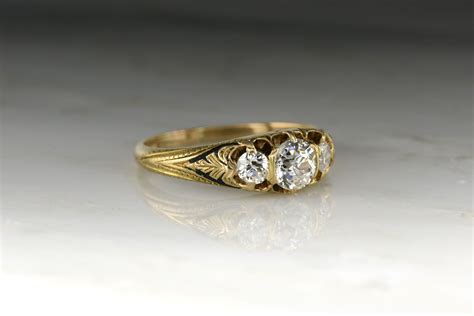 Antique Victorian Engagement Ring: Gold and Black Enamel Three-Stone P - Pebble & Polish