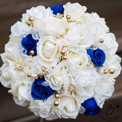 Royal blue and gold pearls real touch bouquet – The Bridal Flower – silk and real touch wedding ...