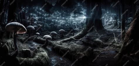 Premium AI Image | A dark forest with mushrooms on the ground and a tree trunk with a light on it.