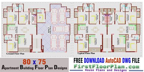 2 unit Apartment Building Floor Plan designs with Dimensions - 80 x 75 - First Floor Plan ...