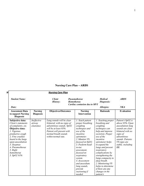 NUR450 - Nursing Care Plan - 1 Nursing Care Plan – ARDS N Nursing Care Plan Student Name: Client ...