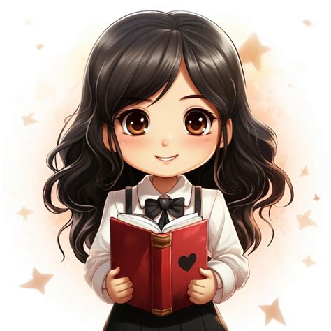 Premium AI Image | Anime girl with long black hair holding a book in her hands generative ai