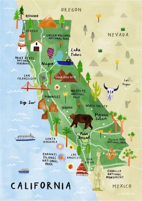 Estados Unidos-Mapa de California Ilustrado | California travel road trips, Illustrated map ...