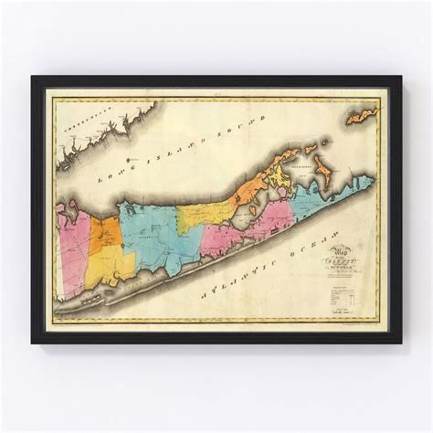 Long Island Map 1829 Old Map of Long Island New York Art Vintage Print Framed Canvas Portrait ...