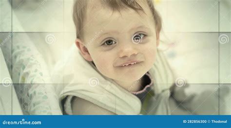 Portrait of Baby Girl Sitting in Her Bed, Geometric Pattern Stock Photo - Image of baby ...