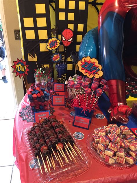 Spider-Man Theme Party Candy table (left side) By: Christina L. | Idée anniversaire, Fête ...