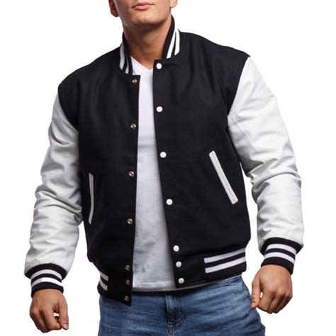 Varsity Base Men Jacket Black Wool Body White Leather Sleeves Letterman ...