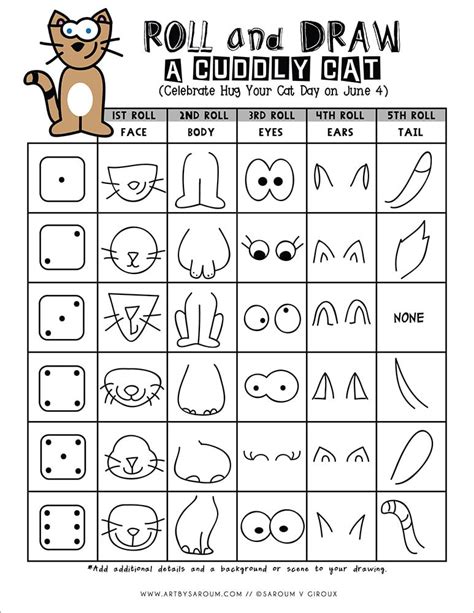 Roll and Draw Cuddly Cat Printables. ©artbysaroum.com | Drawing games for kids, School ...