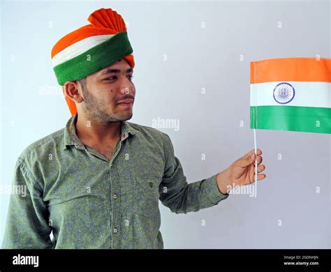 Beawar, Rajasthan, India, August 14, 2021: A man wearing tricolour ...
