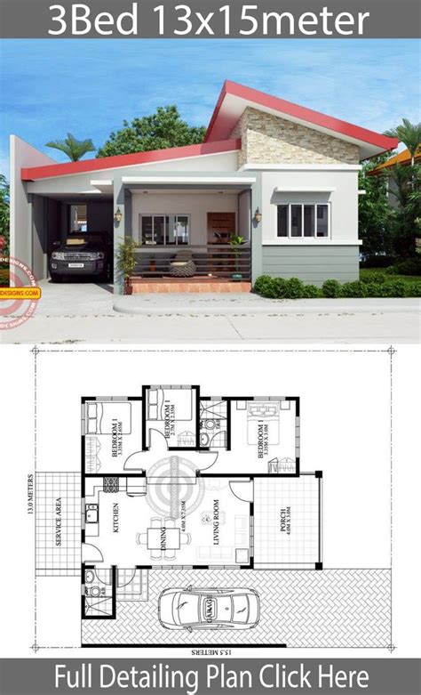 Home design plan 13x15m with 3 Bedrooms - Home Ideas | Bungalow house design, Free house plans ...