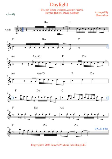 Daylight (arr. Rene Alves) by David Kushner Sheet Music for Violin Solo ...