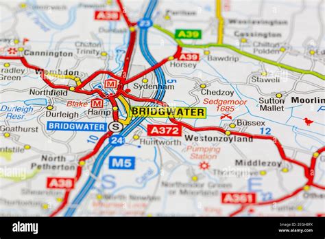 Bridgwater and surrounding areas shown on a road map or geography map Stock Photo - Alamy