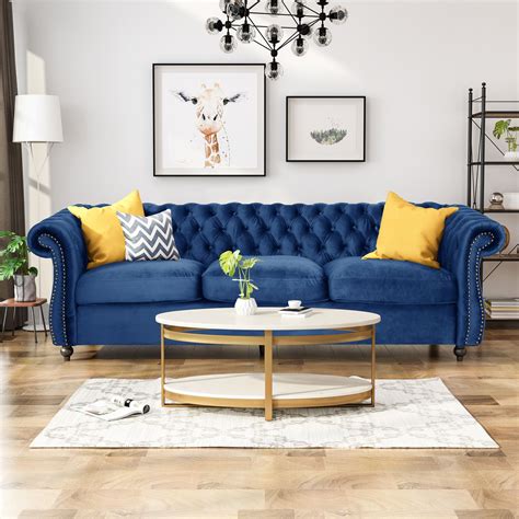 Noble House Aaniya Tufted Velvet Sofa, Navy Blue, Dark Brown - Walmart.com | Blue sofas living ...