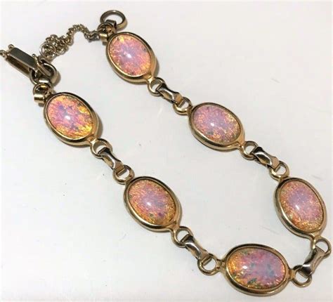 Mid Century faux opal bracelet Oval art glass cabochons simulate opals ...