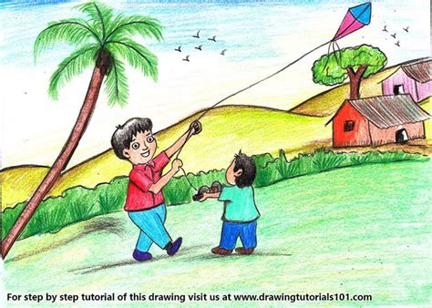 Boy Flying Kite Scene | DrawingTutorials101.com