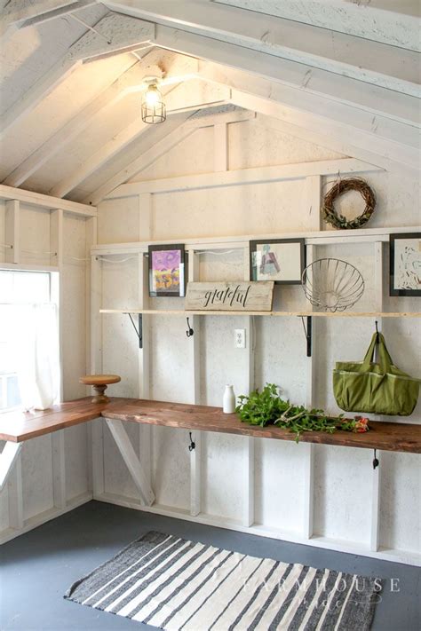 Light and Bright Farmhouse Style She Shed | Shed interior, Shed ...